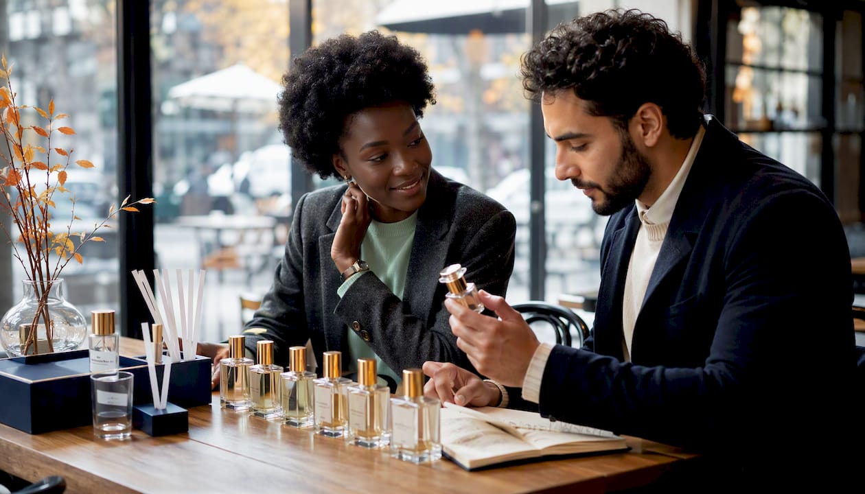 Group choosing fragrances outdoors in autumn