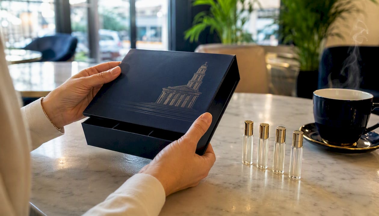 Des mains s’apprêtent à ouvrir le coffret découverte de parfums Alexandriauk