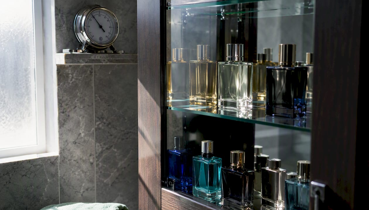 Cologne bottles stored upright with stable temperature meter