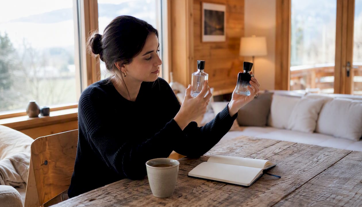 Manos sosteniendo y comparando diferentes imitaciones de perfumes inspirados en Aventus