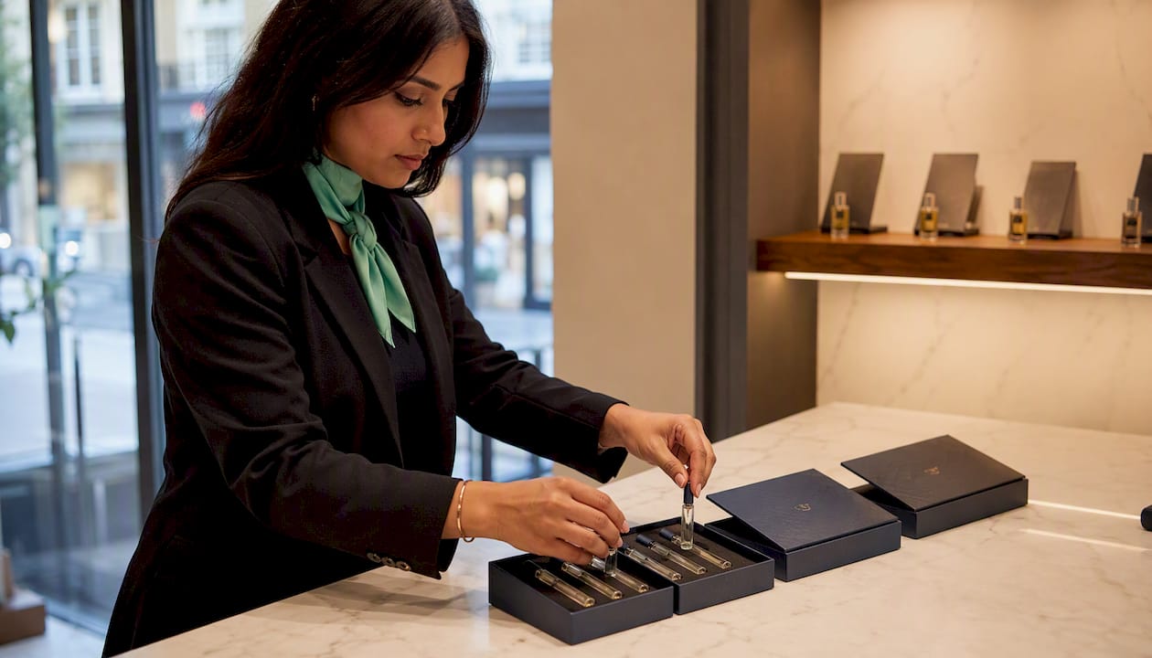 Shop assistant arranging men's fragrance discovery sets