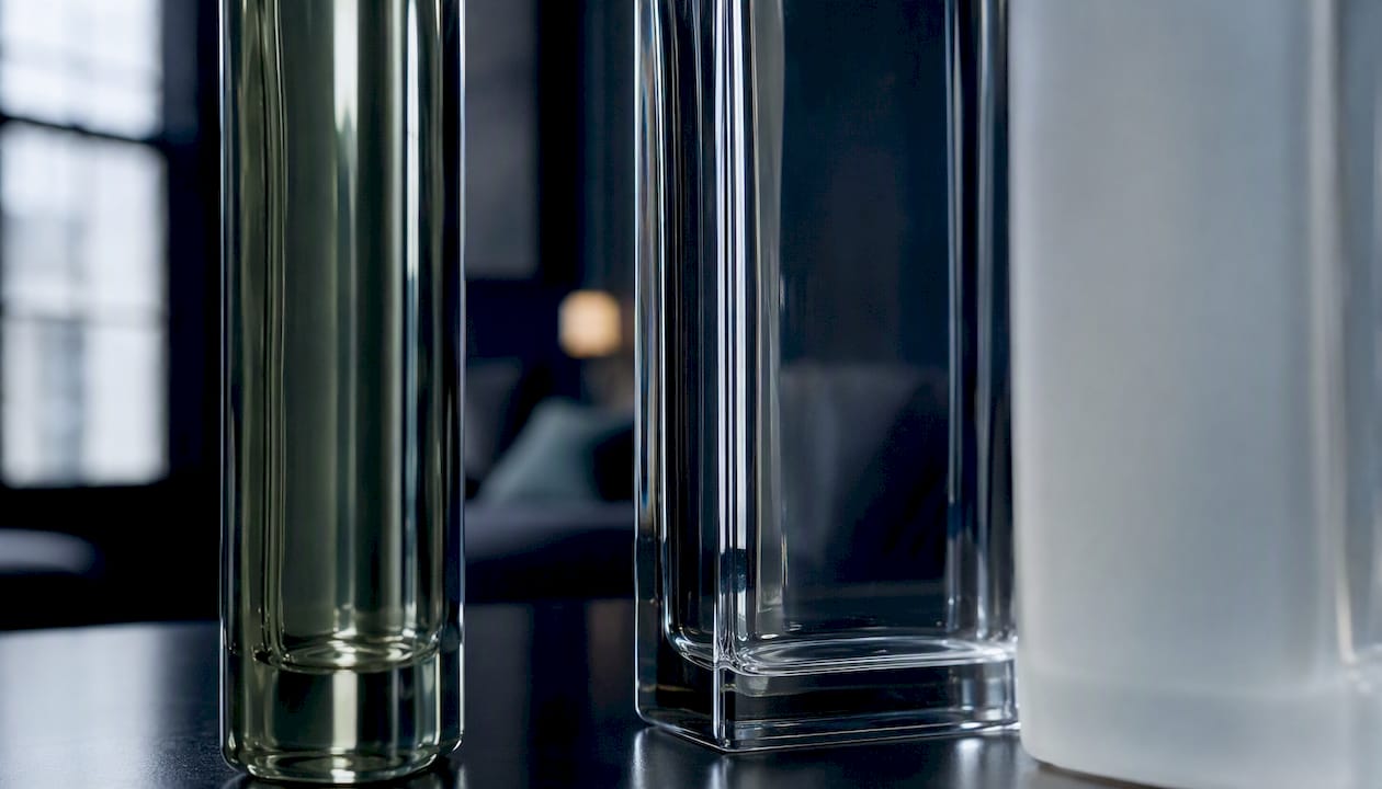 Close-up details of perfume bottle glass materials