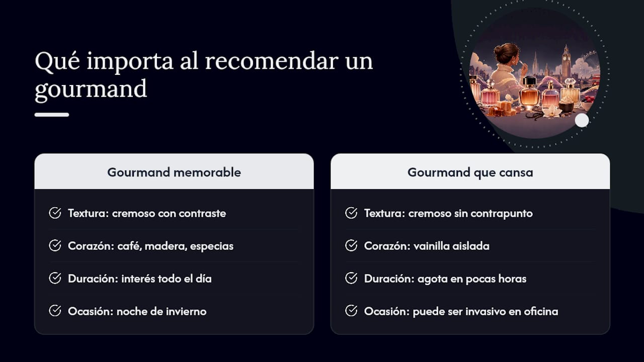 Lo que realmente importa al recomendar un gourmand — overview diagram