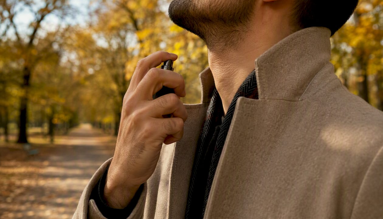 Man applying cologne outdoors in autumn
