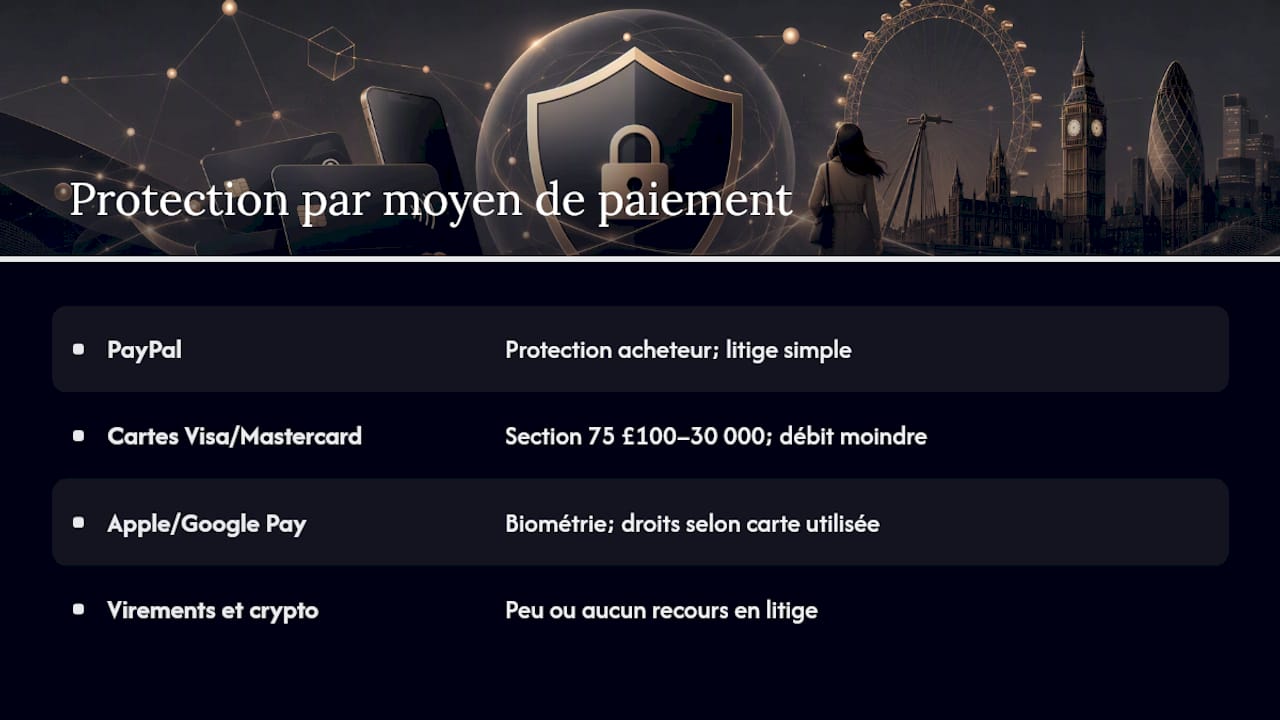 Tableau comparatif des garanties offertes pour les paiements en ligne au Royaume-Uni