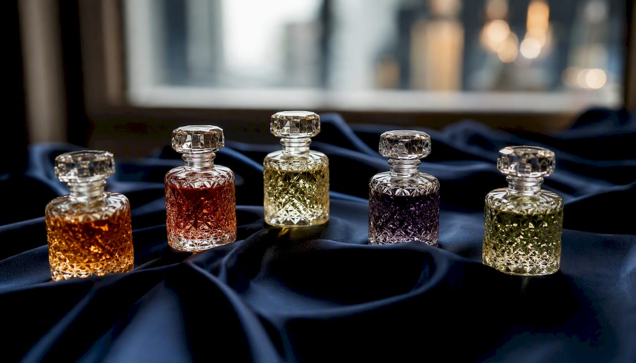 Glass jars with varied colored liquids symbolizing scent families