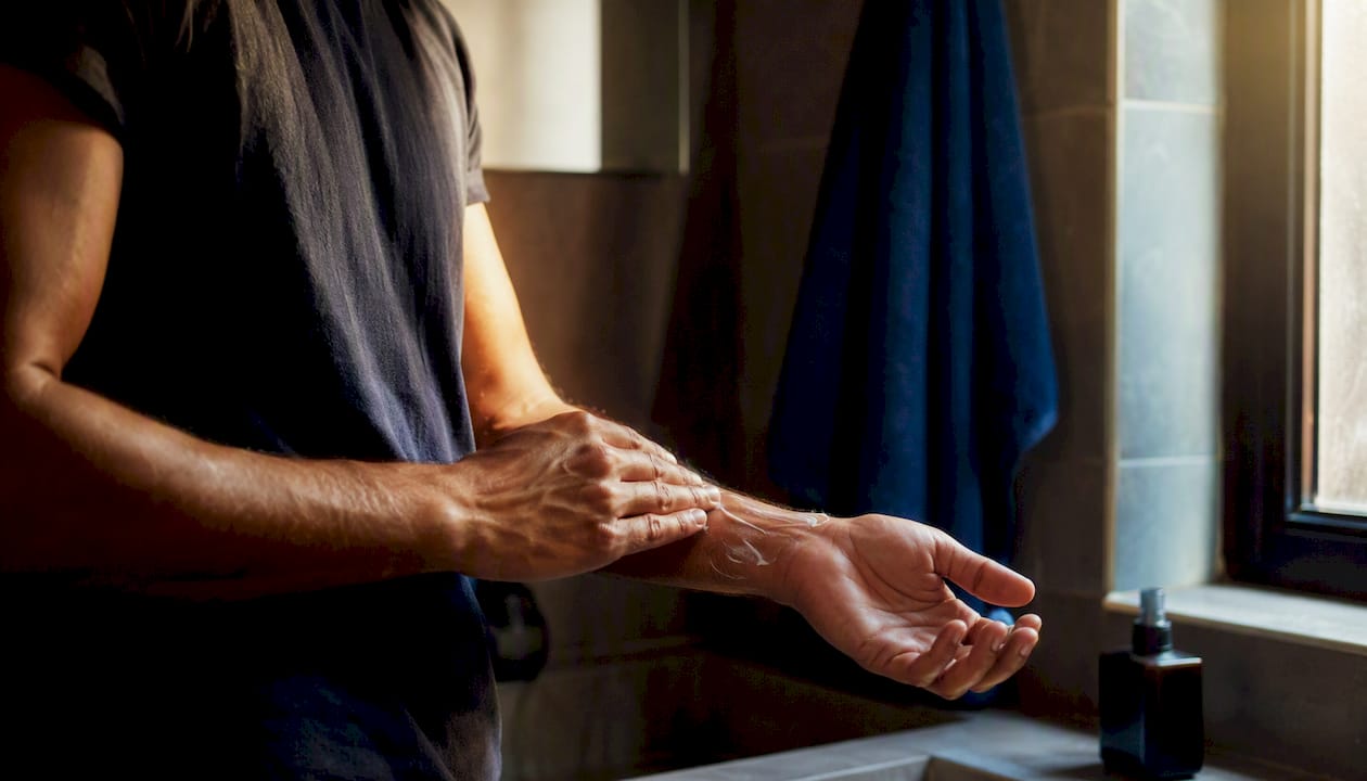 Man applying moisturiser before cologne