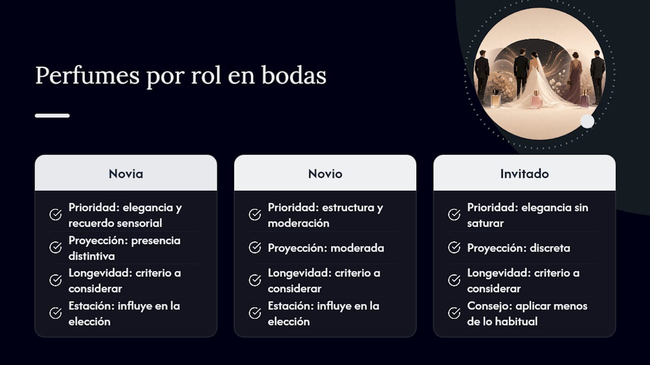 Tabla comparativa de perfumes ideales para bodas según el papel de cada invitado y la estación del año