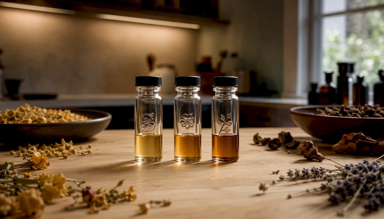 Glass vials representing fragrance note layers
