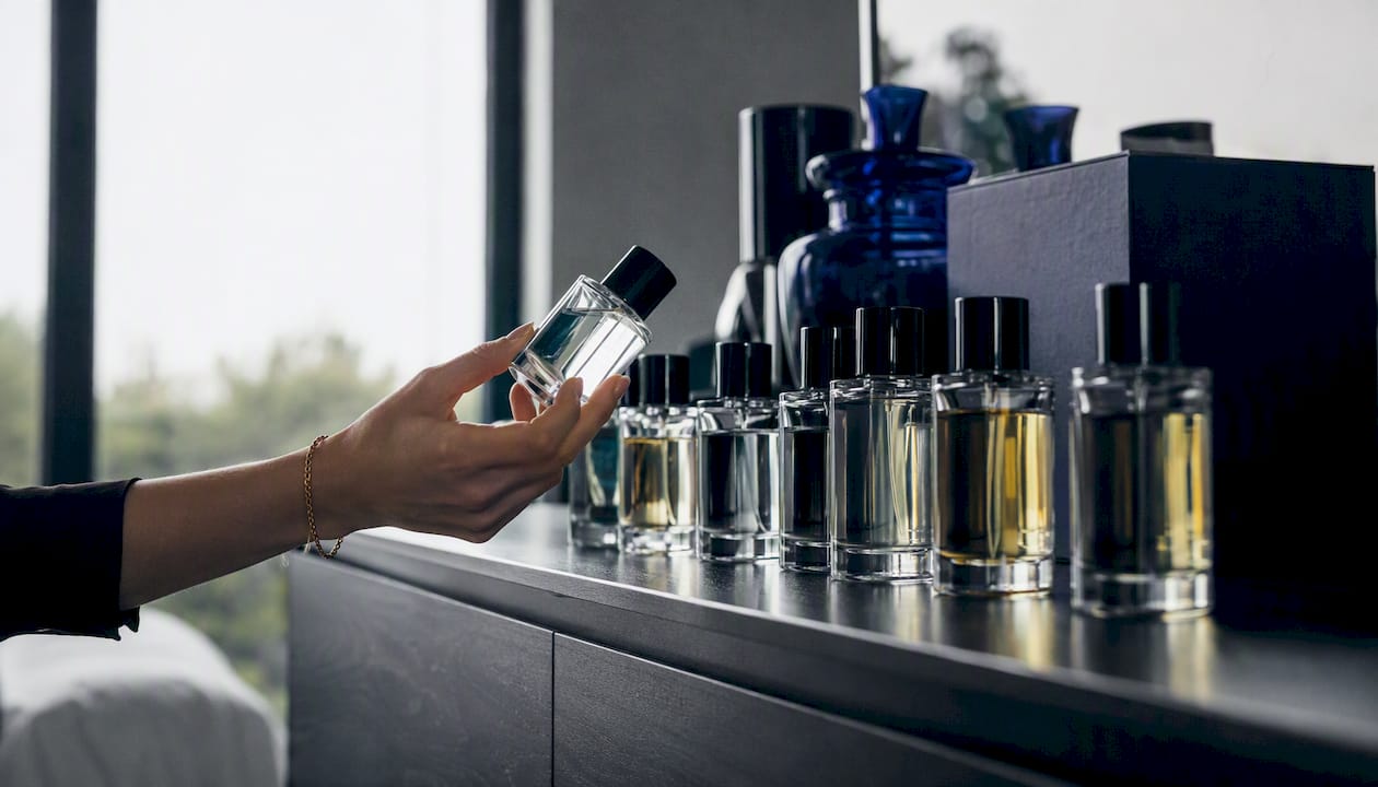 De petits flacons d’échantillons de parfum, sans marque, disposés sur une coiffeuse.