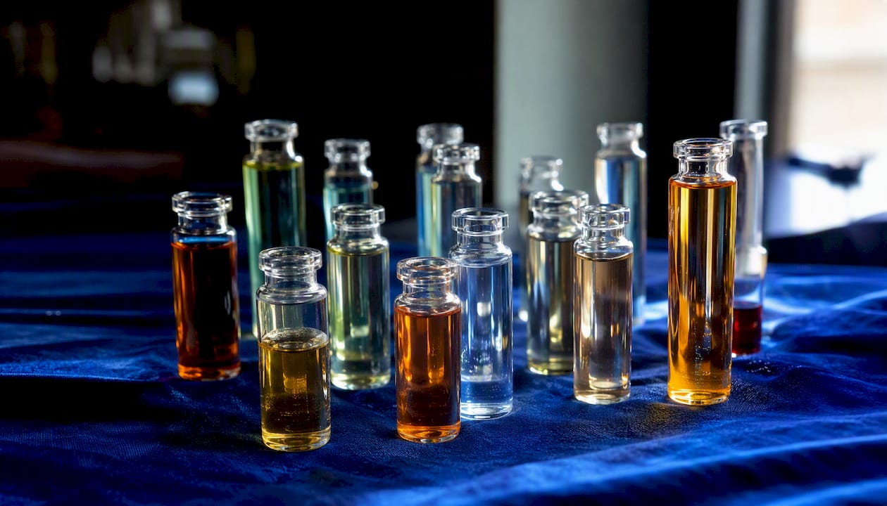 Glass vials showing fragrance top heart base notes