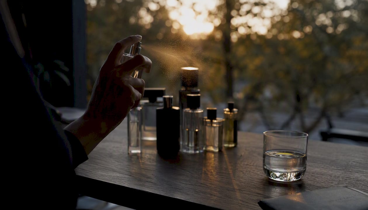 Flacon de parfum tenu à la main, avec le code de lot visible à côté.