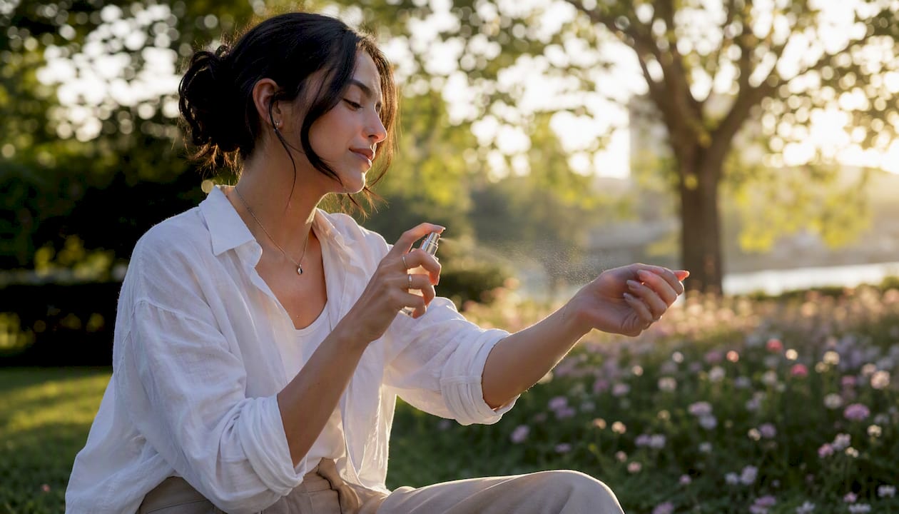 Applying blossom body mist on wrist outdoors