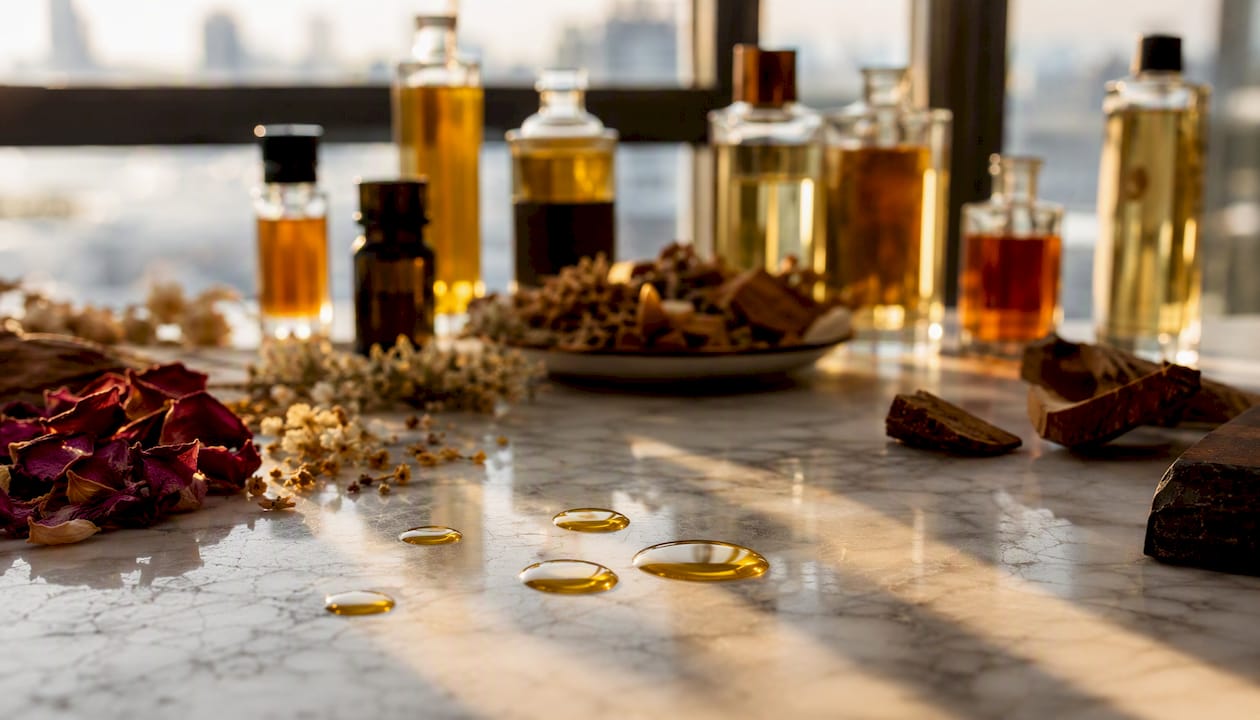 Detalle de aceites perfumados y sus ingredientes naturales