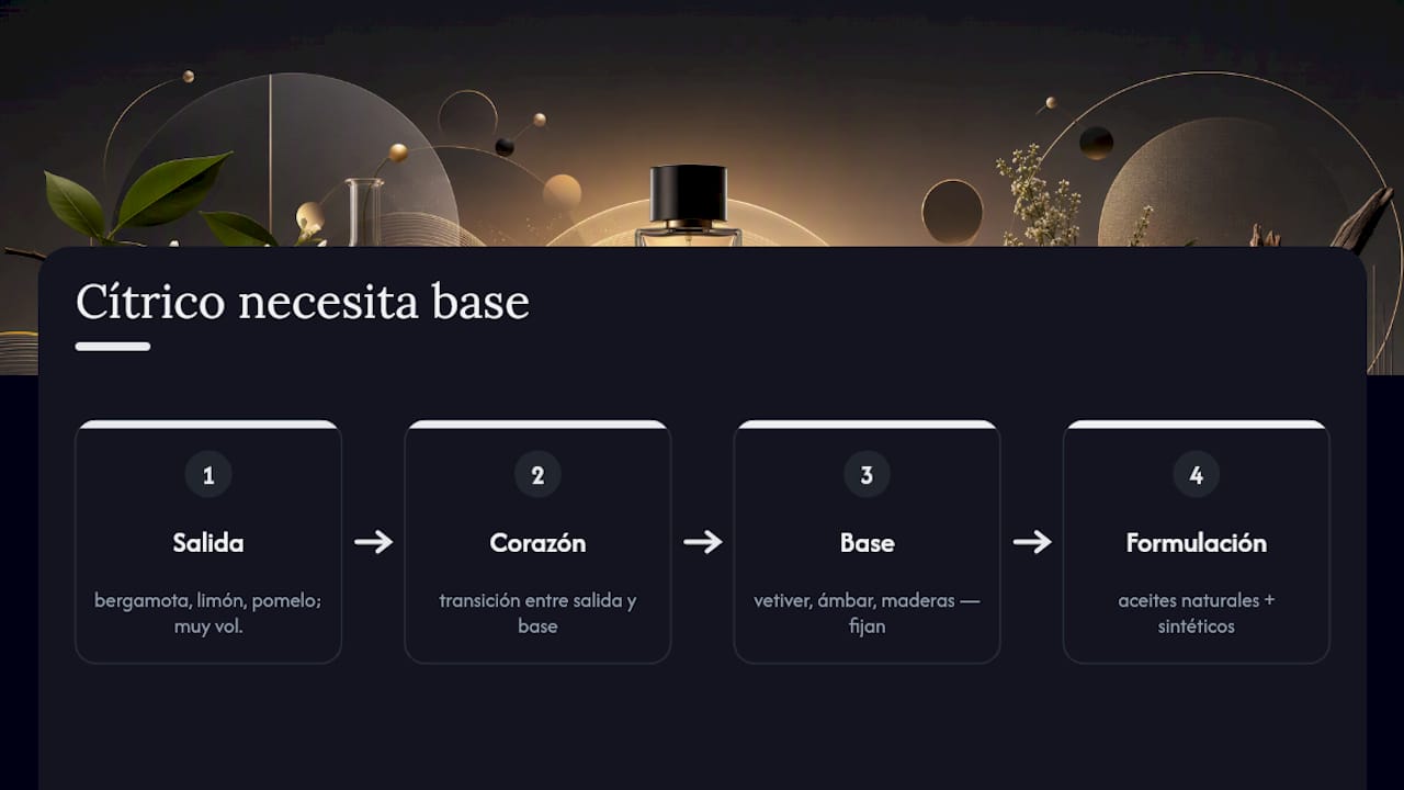 Ilustración que muestra las distintas capas de un perfume cítrico y cómo se logra su fijación en la piel.