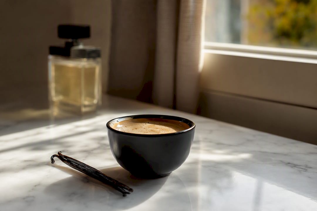 Taza de cappuccino con un toque de vainilla y un suave aroma difuso