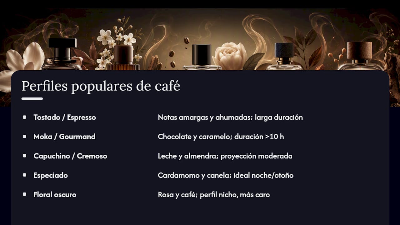 Esquema con los cinco perfiles aromáticos principales en los perfumes de café