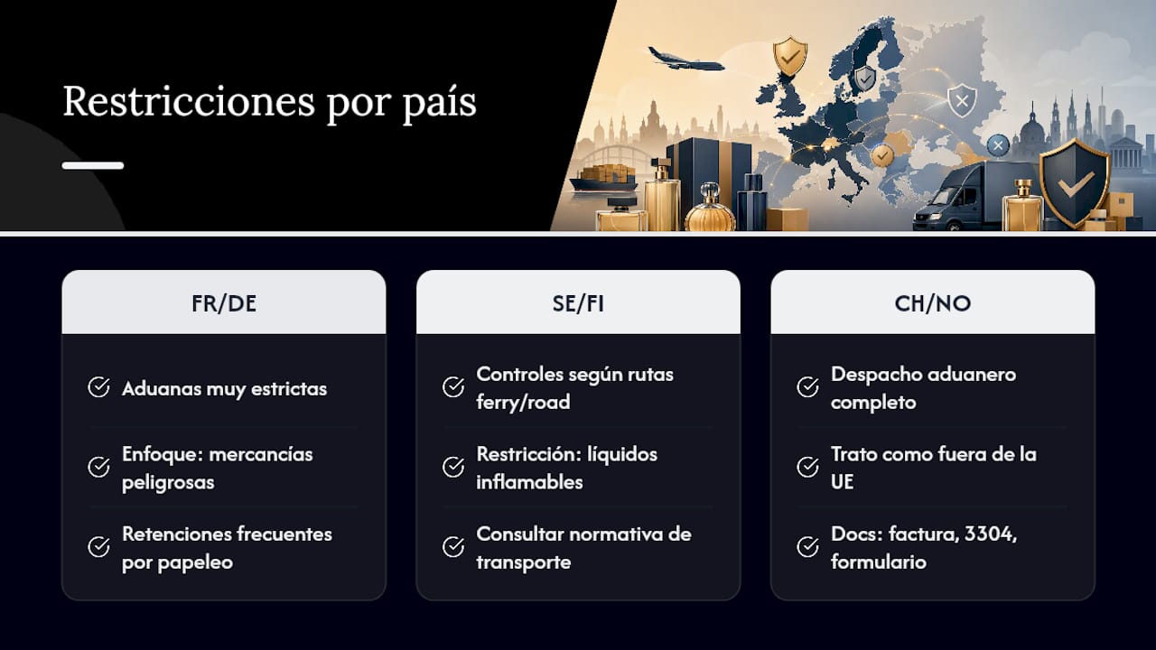 Restricciones por país dentro de Europa al enviar perfumes — overview diagram