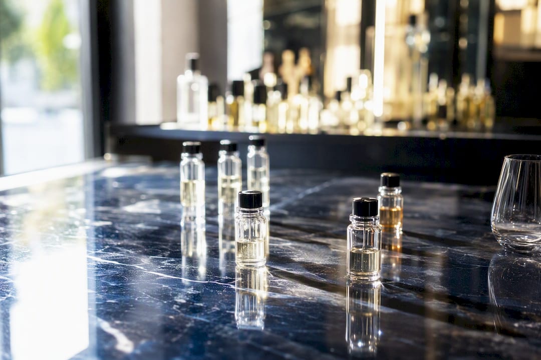 Échantillons de parfum et moyen de paiement sur la table