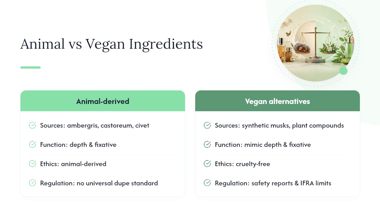 Diagram comparing vegan and animal-derived perfume ingredients