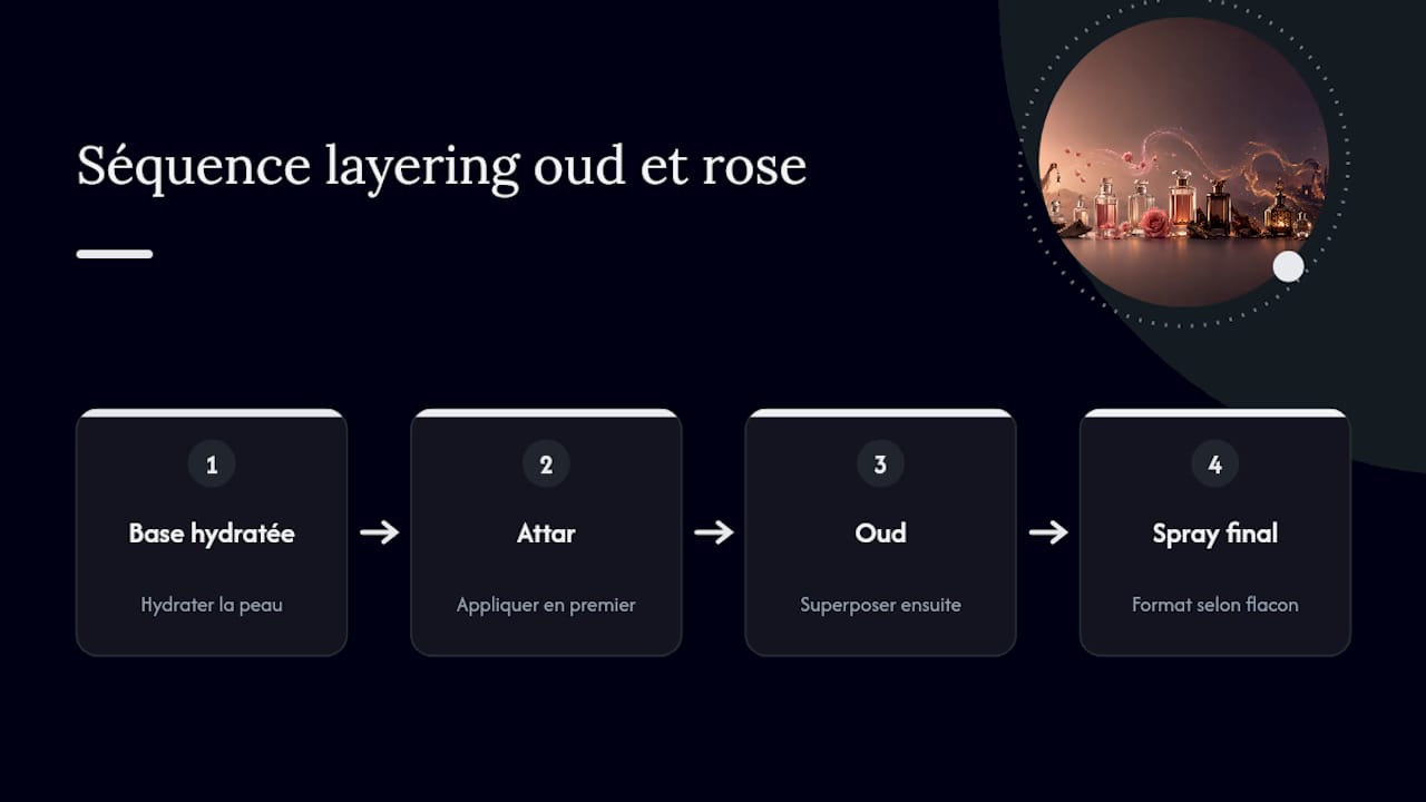Schéma des étapes de superposition du oud et de la rose