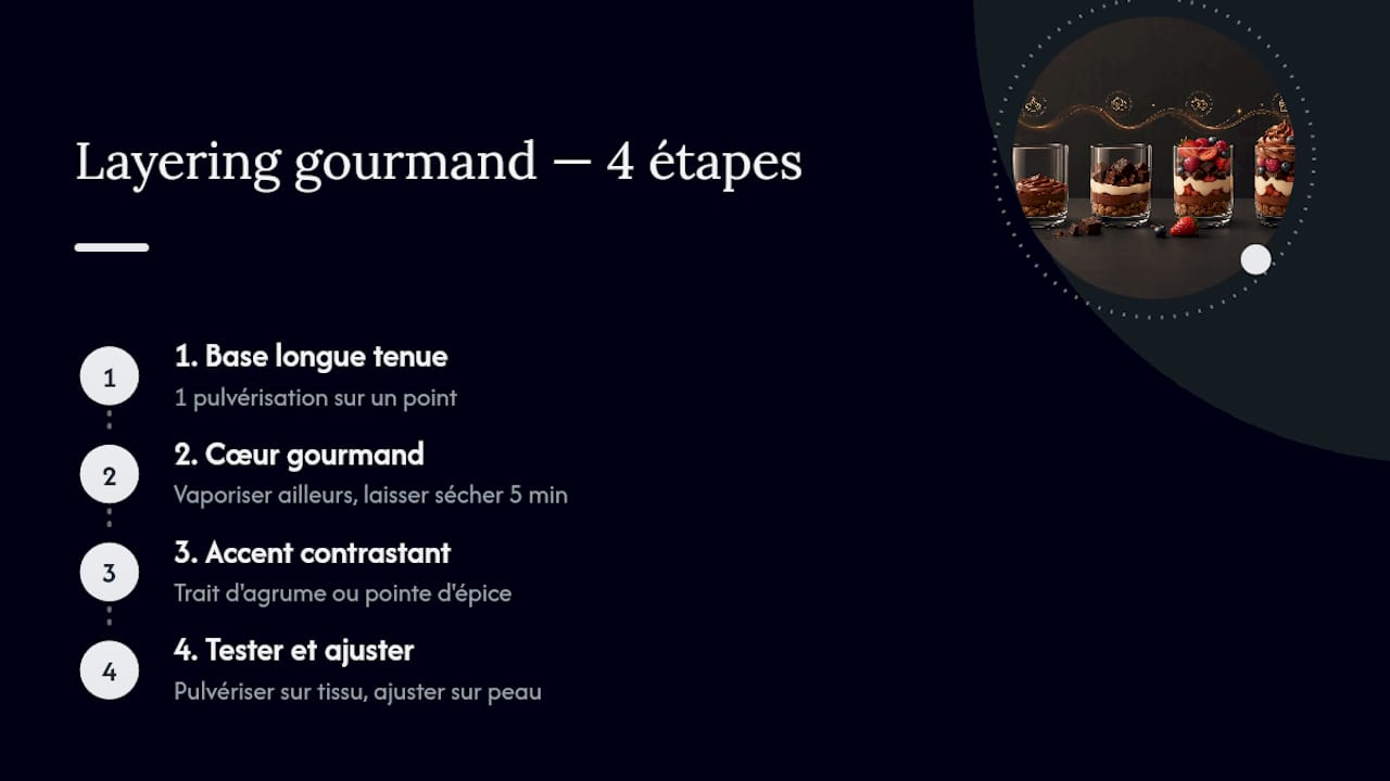 Schéma d'une méthode en quatre étapes pour superposer des parfums gourmands
