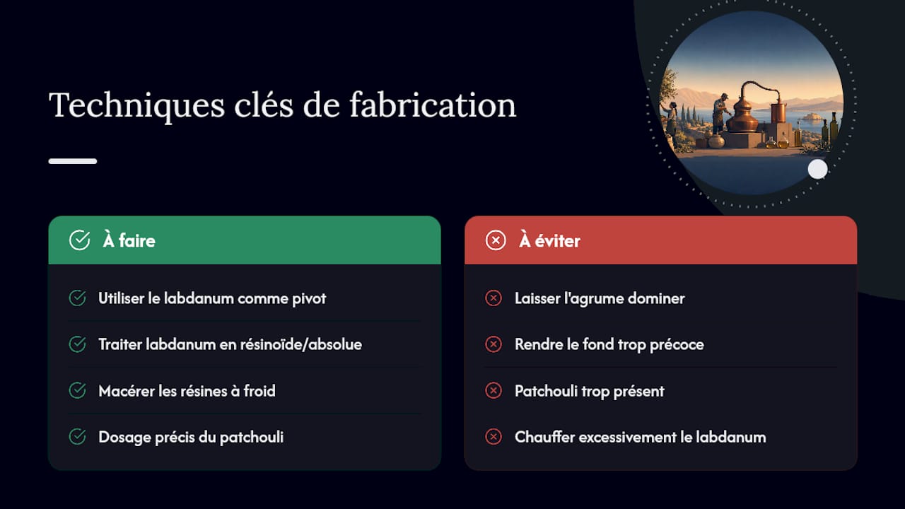 Techniques de fabrication propres aux parfums chyprés — overview diagram
