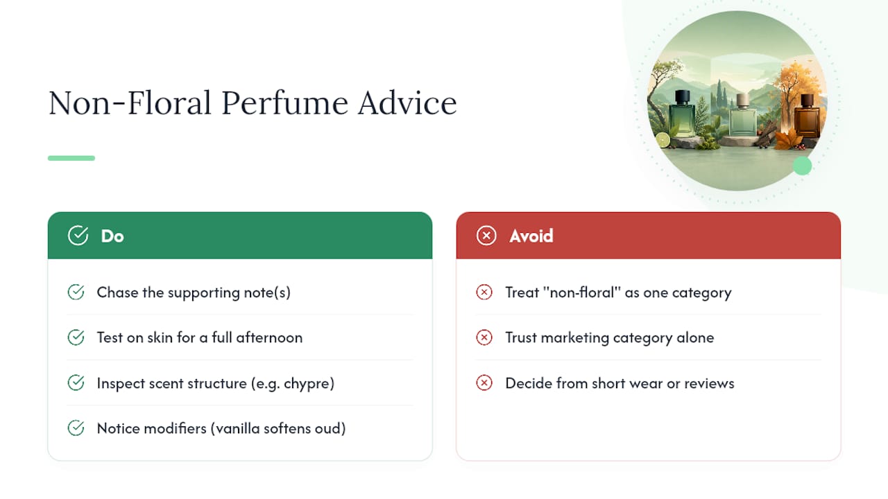 What the conventional wisdom on non-floral perfumes gets wrong — overview diagram