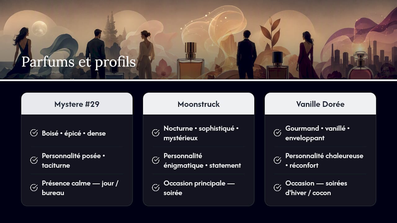 Quels parfums célèbres illustrent chaque profil de personnalité ? — overview diagram