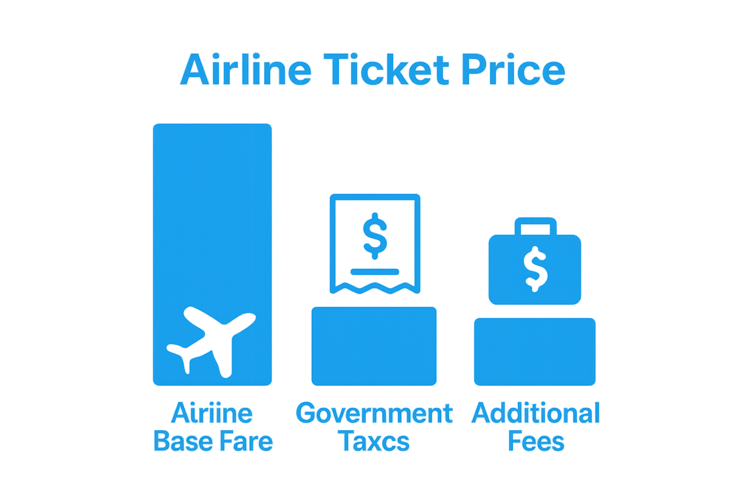 Three-part graphic showing airline base fare, taxes, and fees as portions of a ticket price
