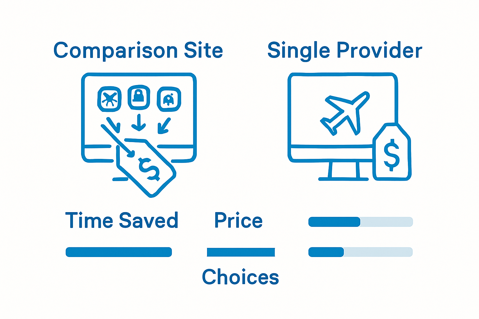 Comparison of travel site vs. single provider for prices and choices