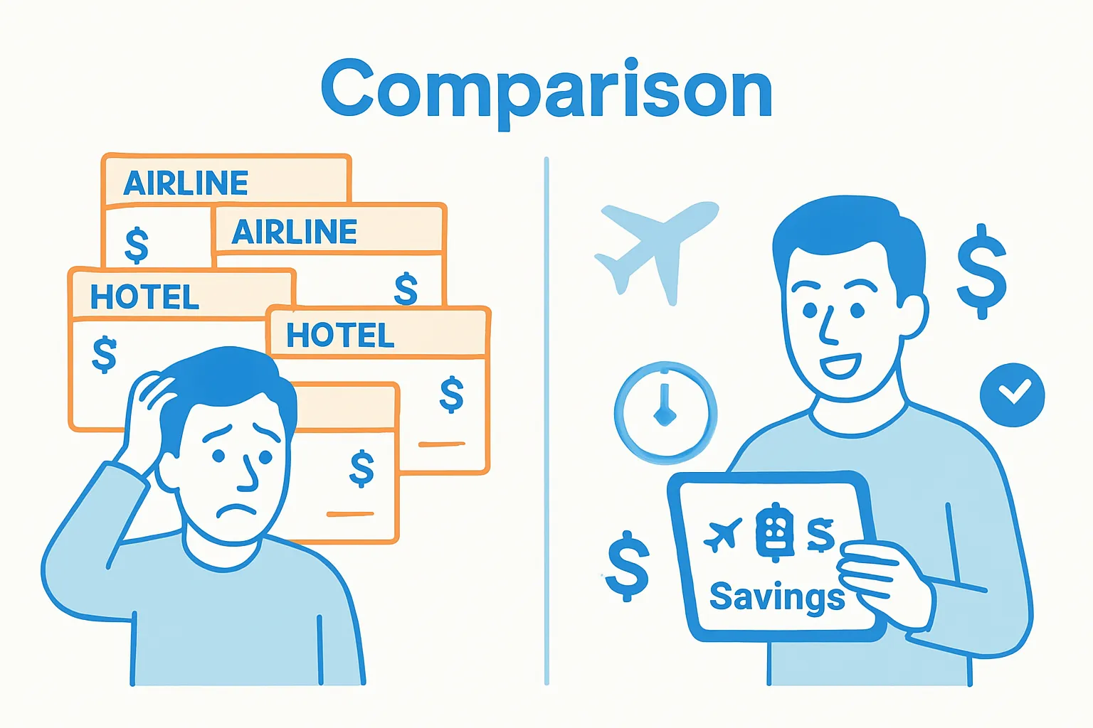Infographic comparing manual search tabs vs. one travel comparison site
