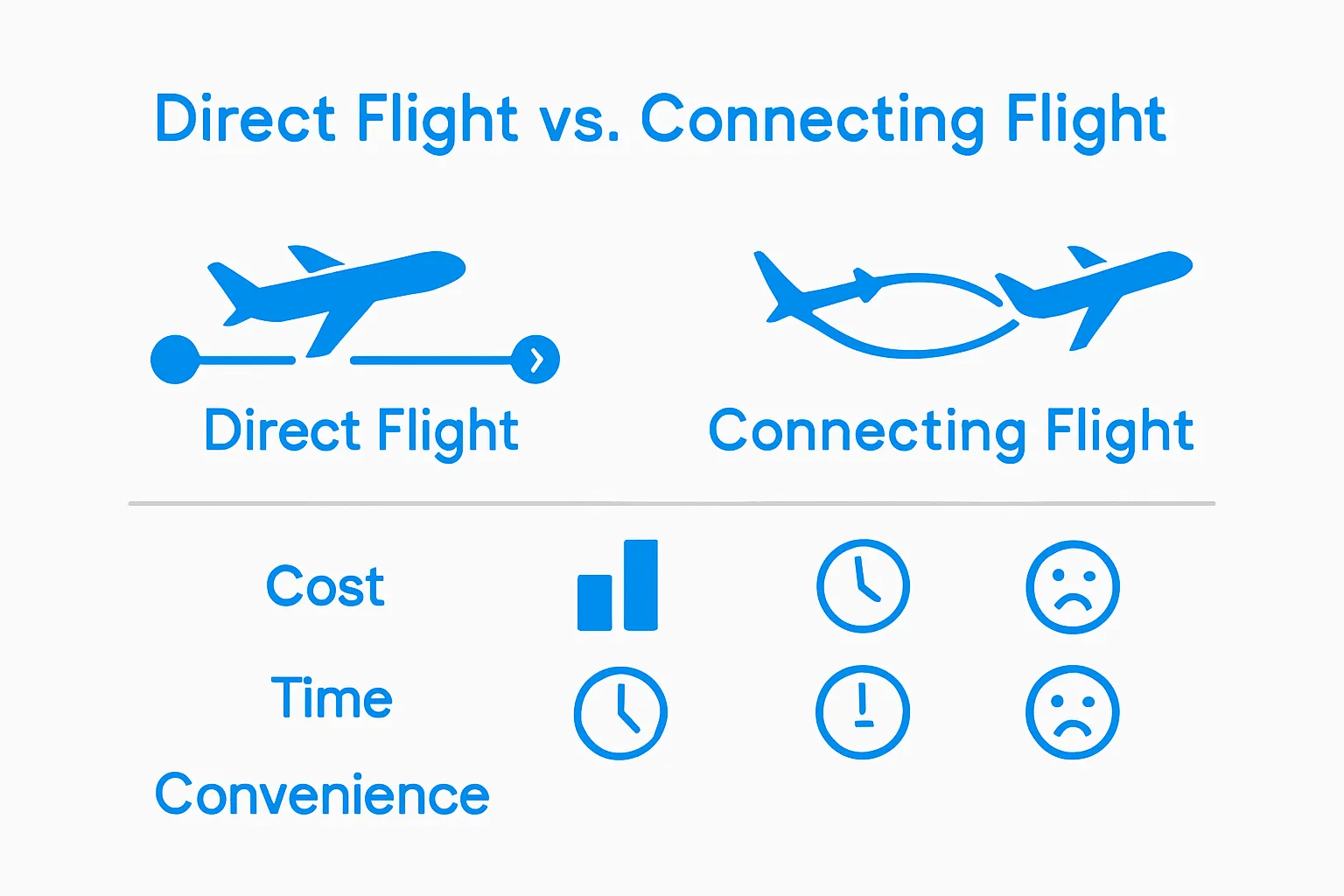 Visual comparison of direct versus connecting flights highlighting cost, time, and convenience.