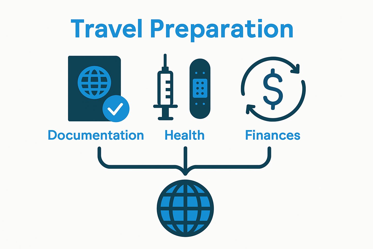 Infographic showing passport, health, and finance icons as travel planning essentials