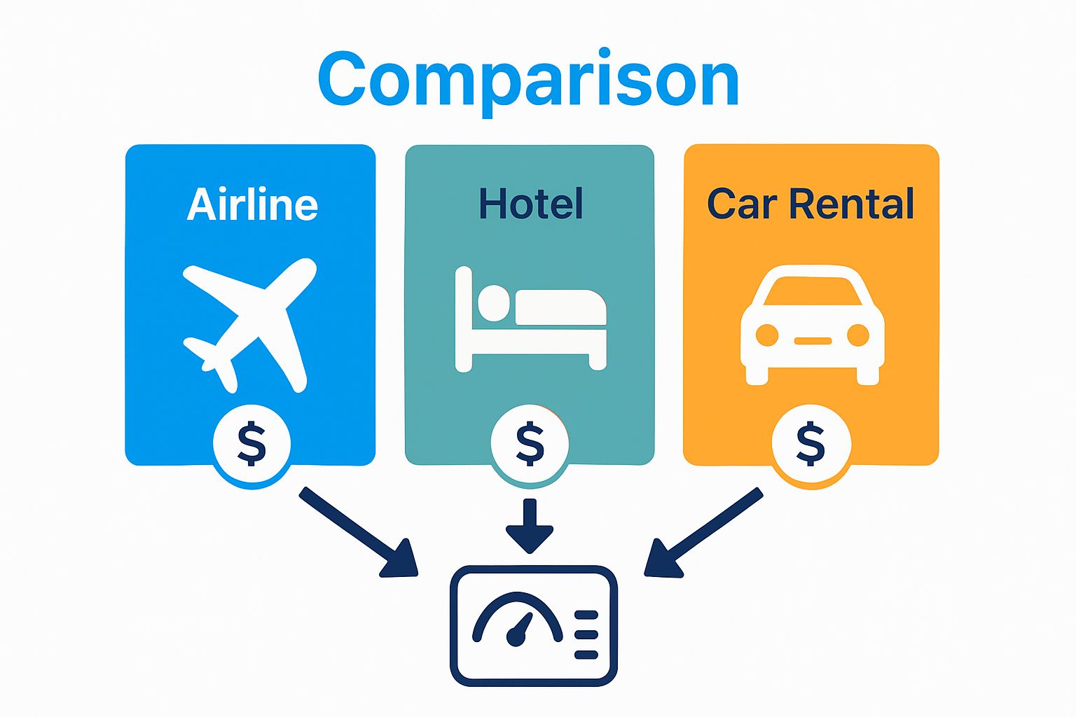 Infographic illustrating how travel comparison sites aggregate airline, hotel, and car rental data