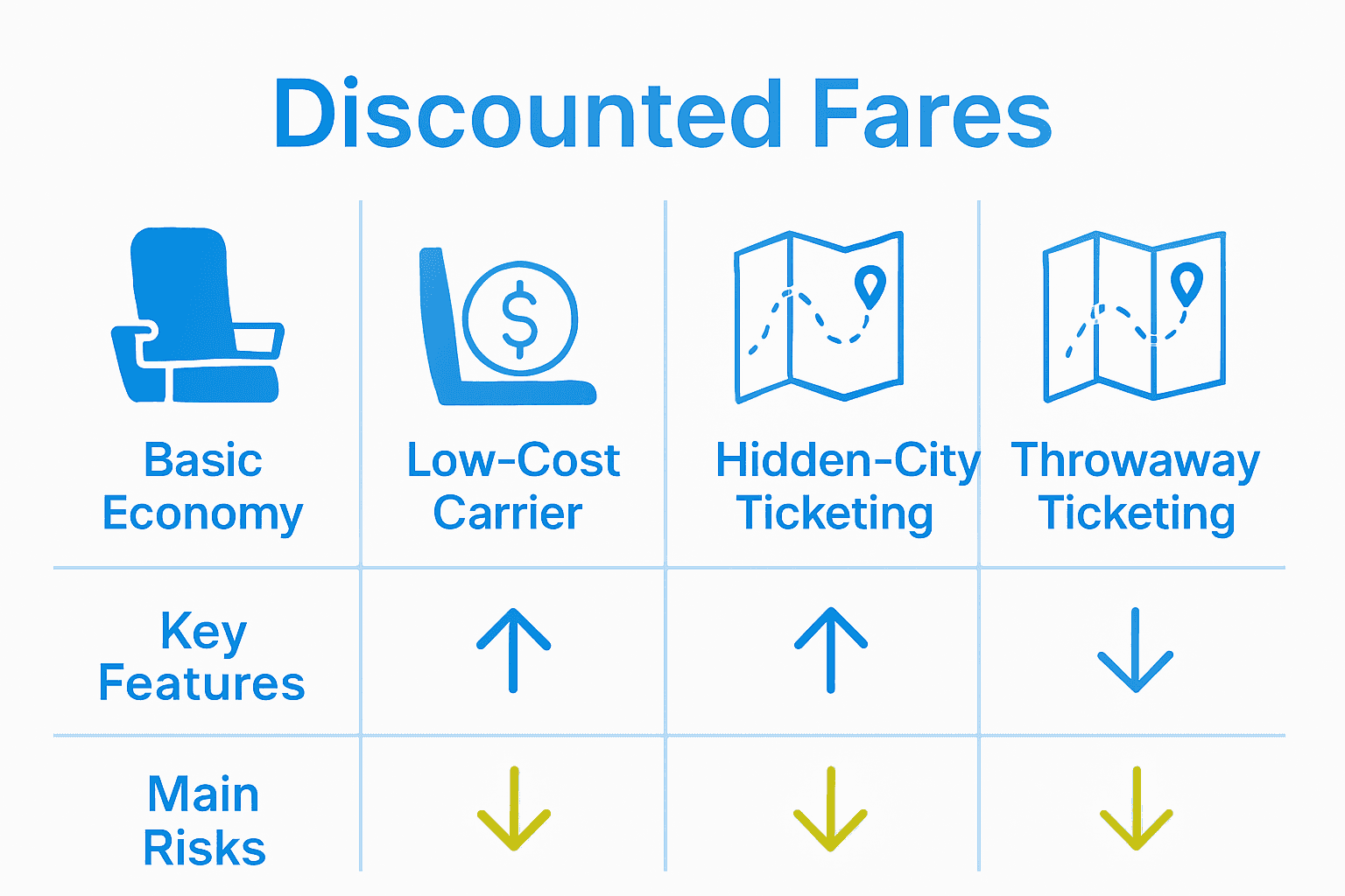 Infographic comparing four discounted airline fare types with icons and key pros/cons.