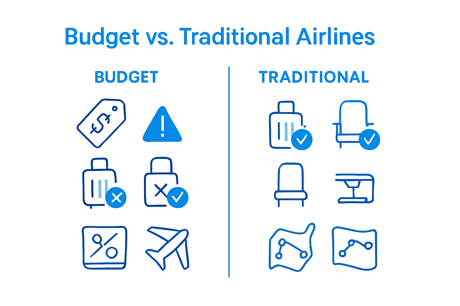 Comparison infographic showing differences between budget and traditional airlines on pricing, baggage, and amenities.
