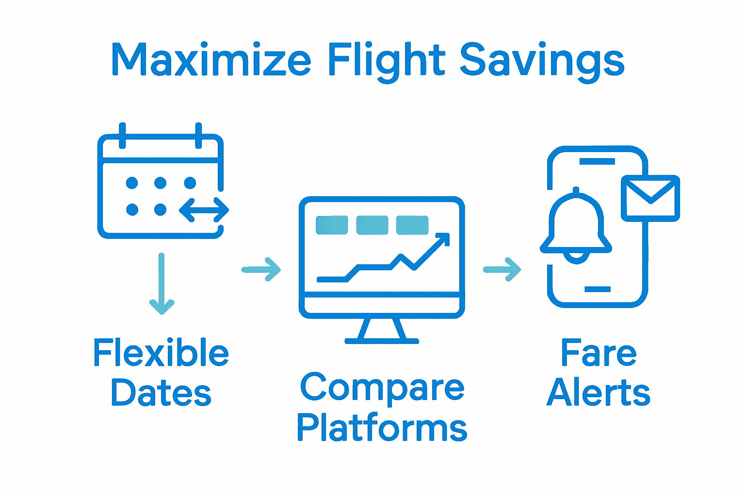 Infographic comparing flexible dates, comparison sites, and fare alerts for flight savings
