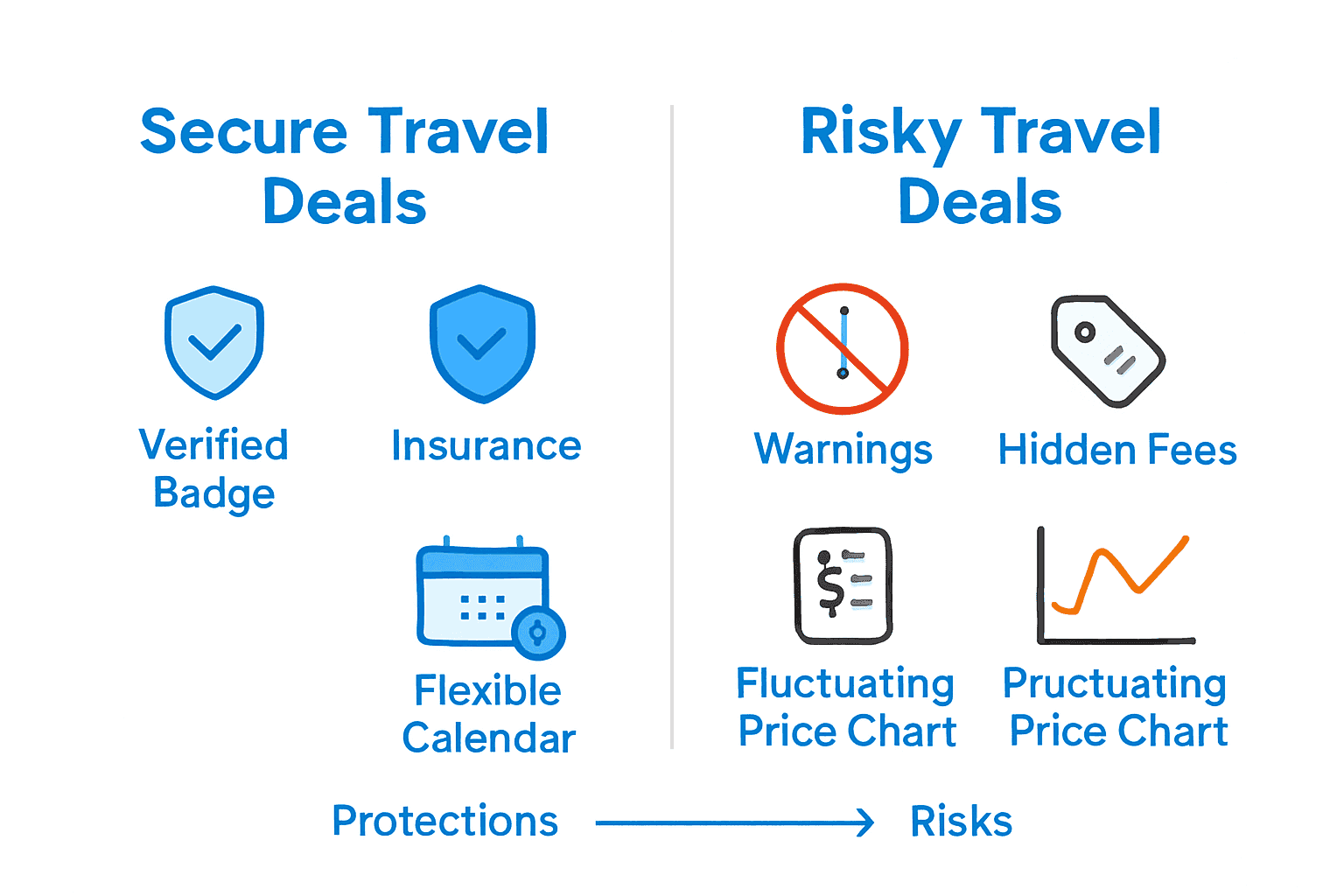 Comparison of secure versus risky travel deals with icons
