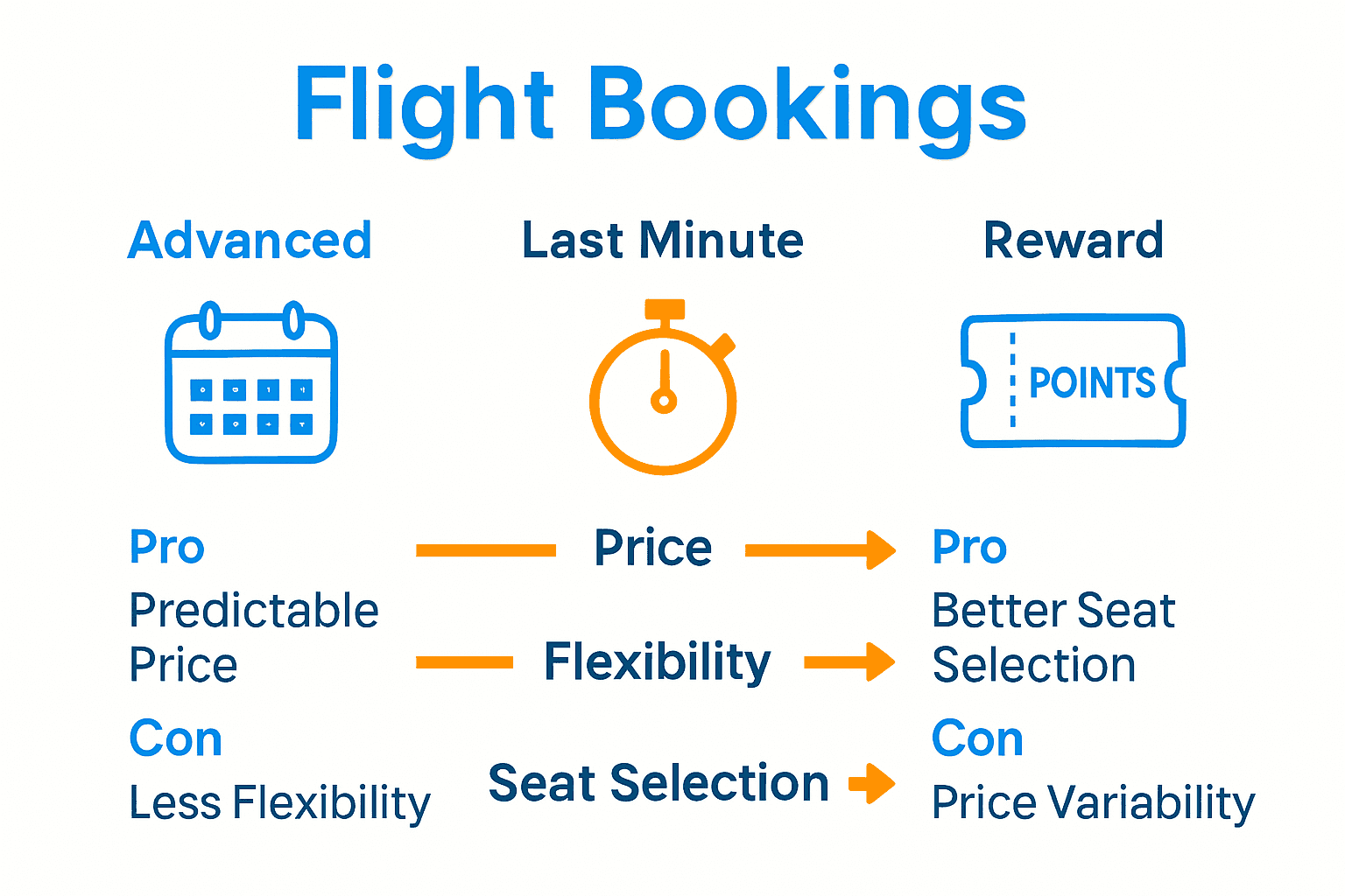 Infographic comparing last minute, advanced, and reward flight booking strategies with icons and brief pros-cons.