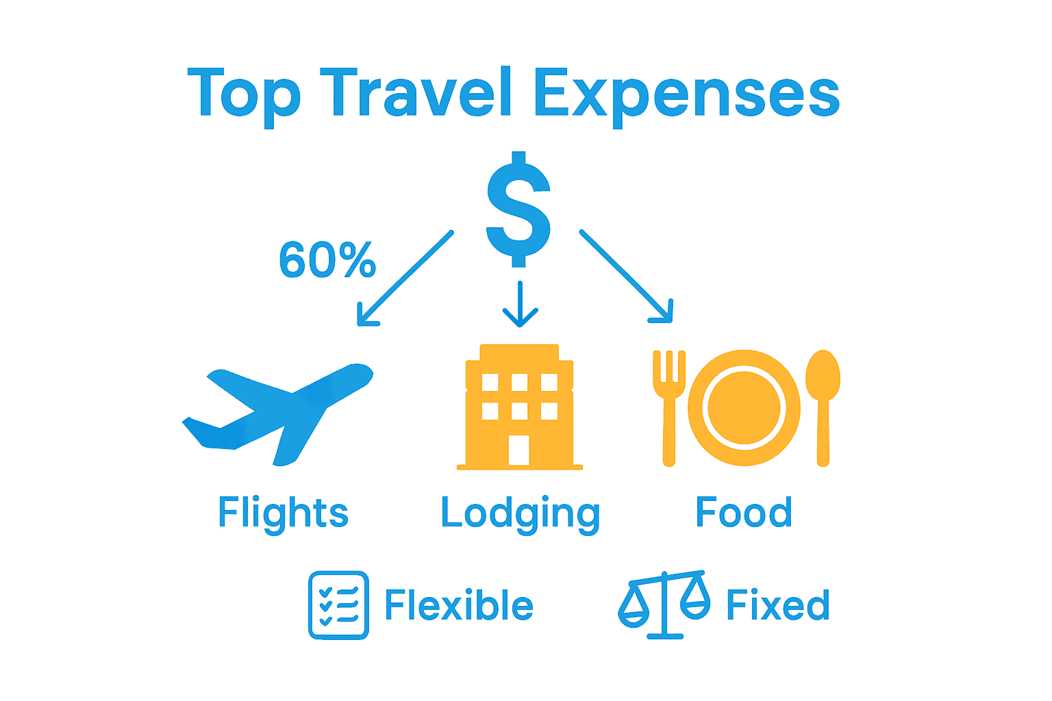Infographic with icons for flights, lodging, food and budget allocation comparisons.