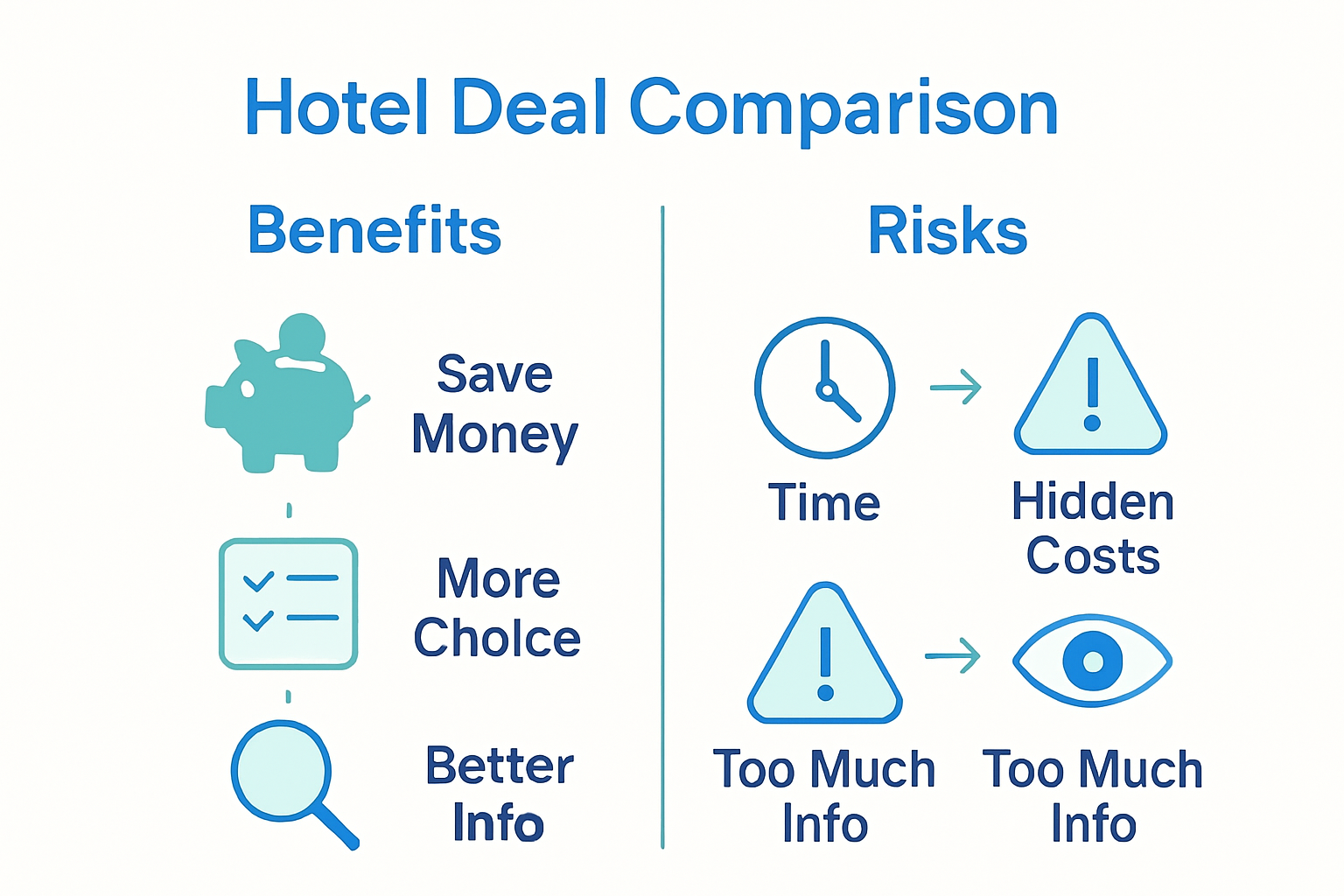 Infographic comparing main benefits and risks of hotel deal comparison