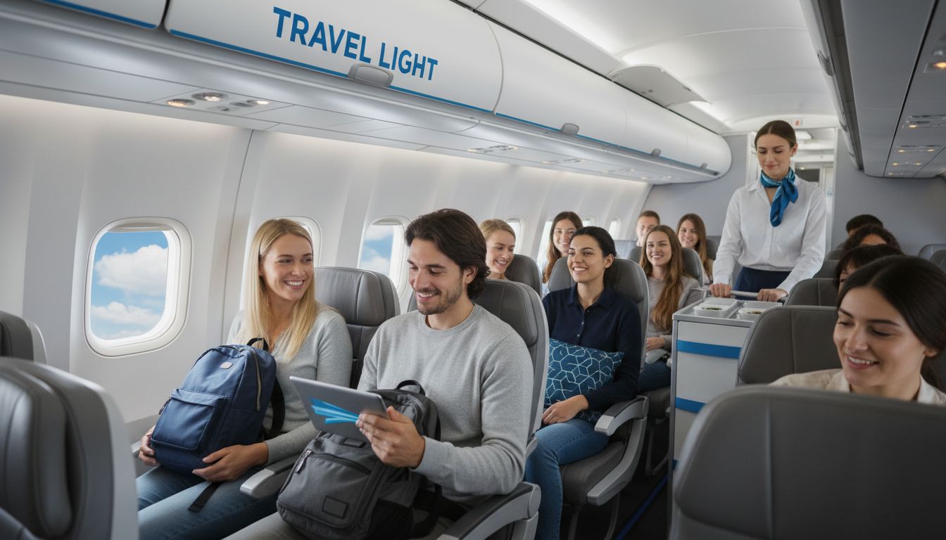 Travelers relaxing in budget airline cabin