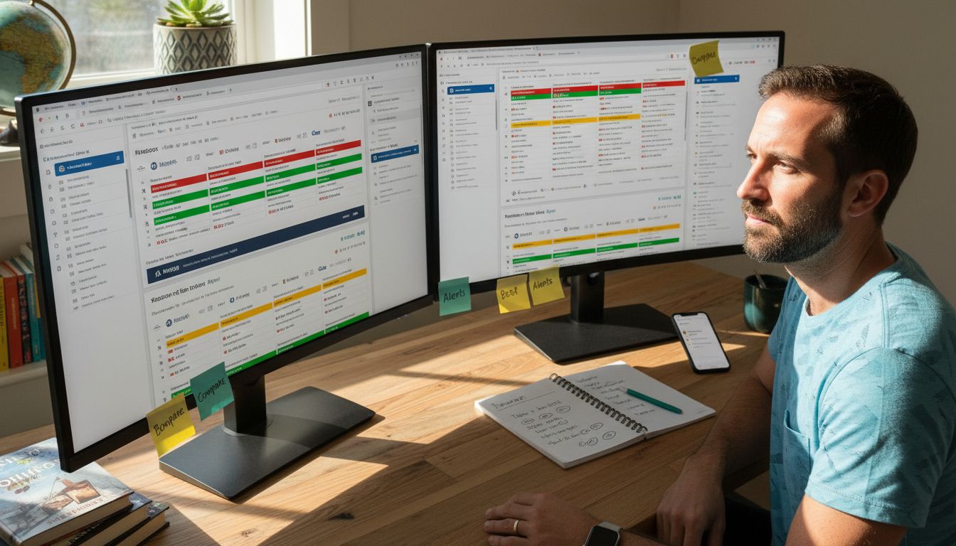 Person comparing flights on two monitors