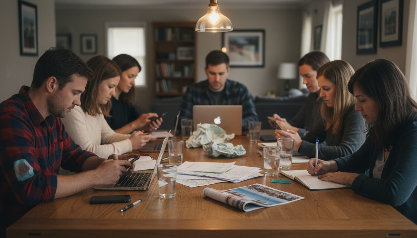 Friends collaboratively planning group trip