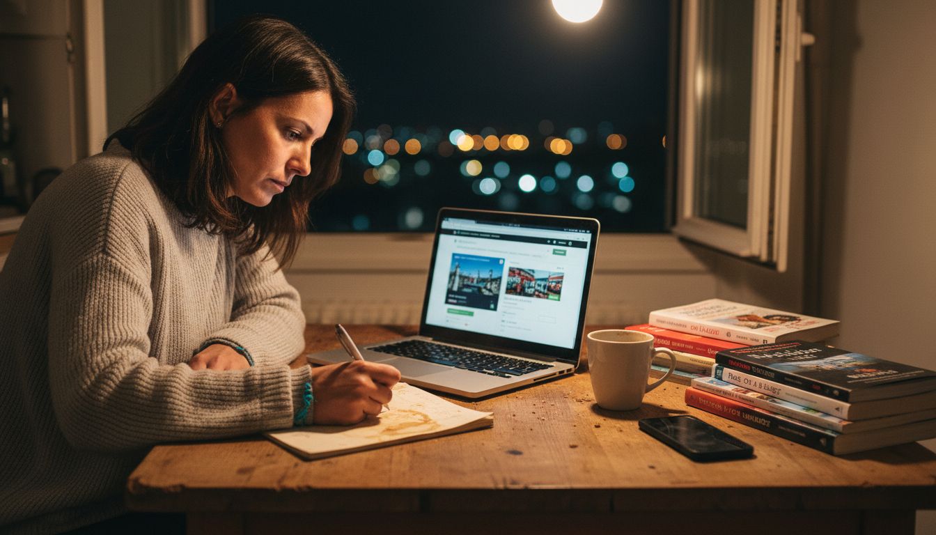 Woman comparing solo travel bookings at night