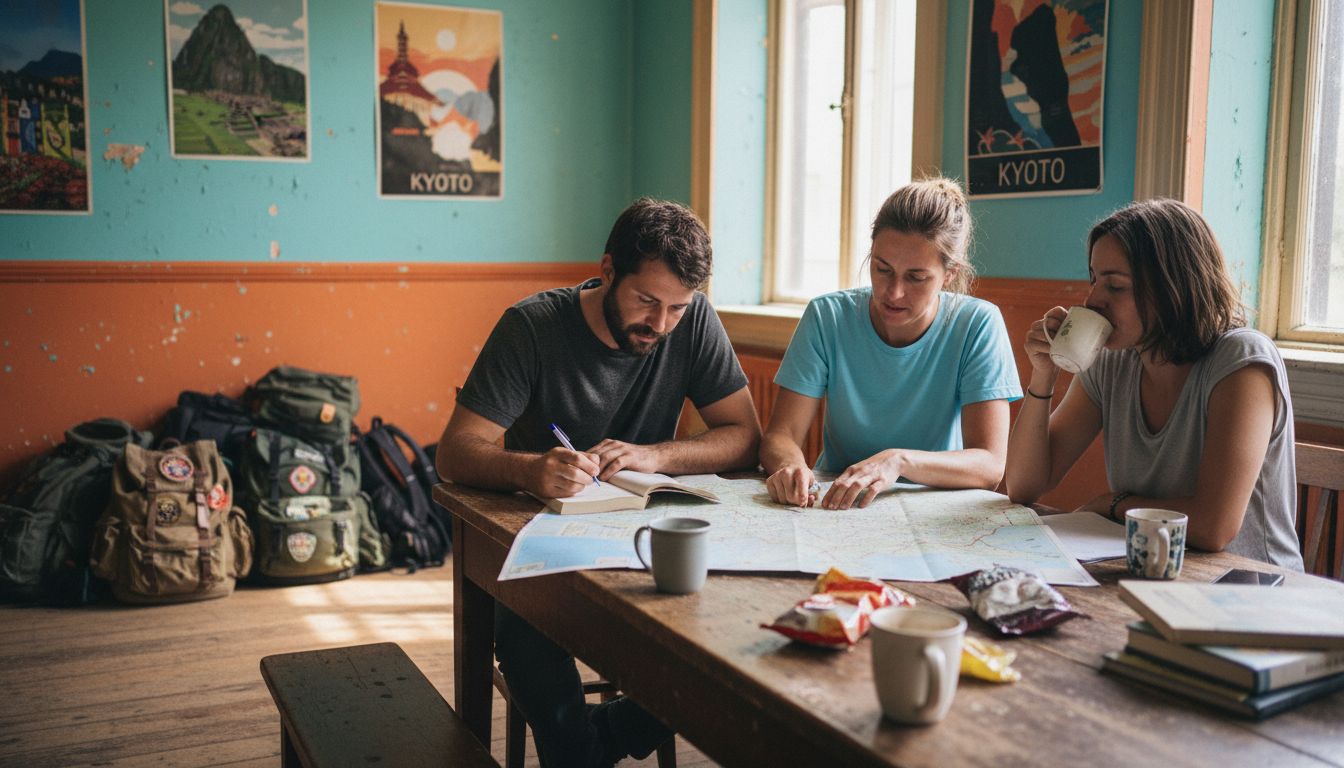 Friends planning trip in hostel common room