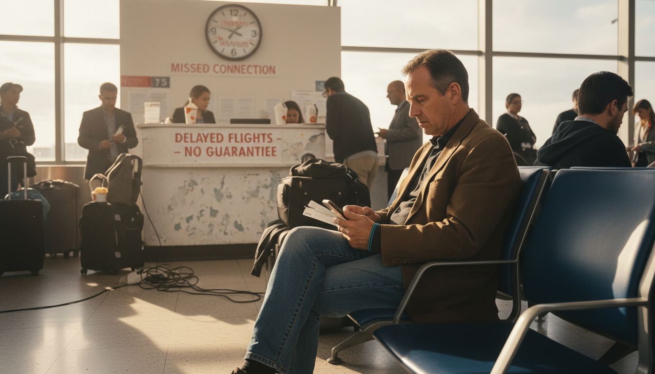 Stressed passenger after missed connection