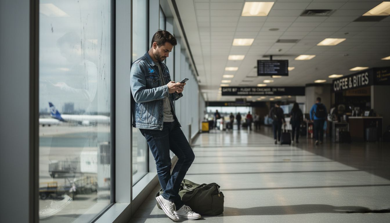 Traveler checking fare alerts in airport terminal