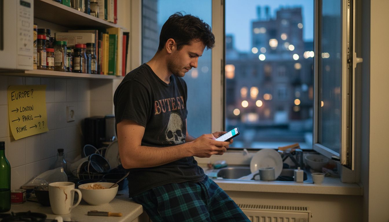 Man checking flight price alerts on phone